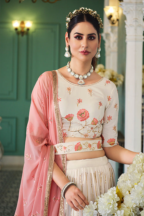 Beautiful Pearl White Thread With Sequins Embroidered Work Lehenga Choli ClothsVilla.com