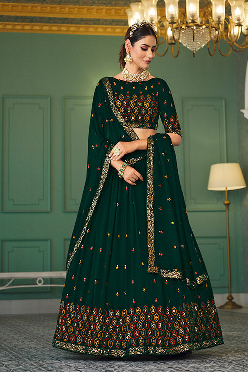 Exclusive Green Color Thread With Sequins Embroidered Work Lehenga Choli ClothsVilla.com