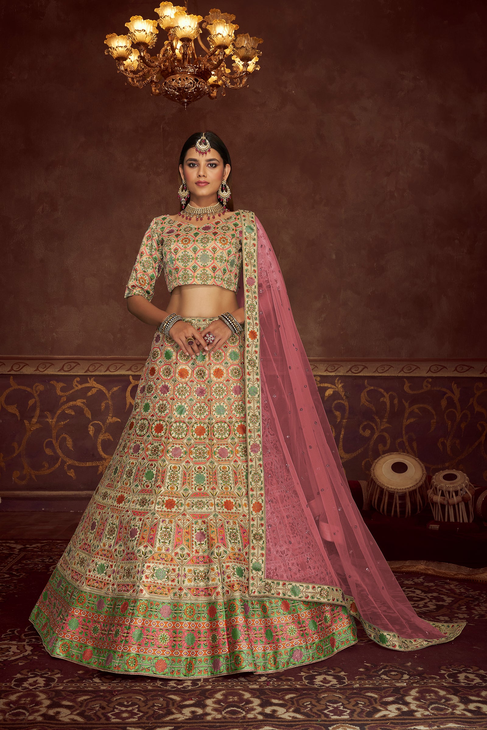 Beige Art Silk Floral Wedding Lehenga Choli With Pink Dupatta ClothsVilla