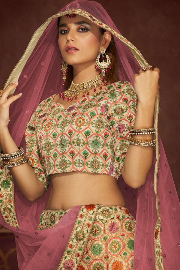 Beige Art Silk Floral Wedding Lehenga Choli With Pink Dupatta ClothsVilla
