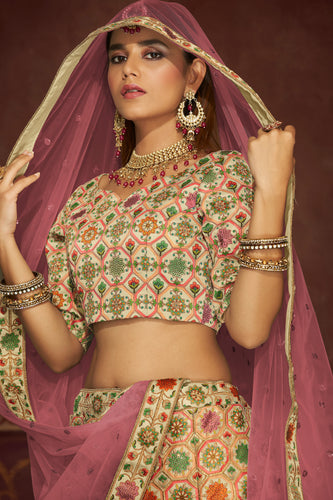 Beige Art Silk Floral Wedding Lehenga Choli With Pink Dupatta ClothsVilla