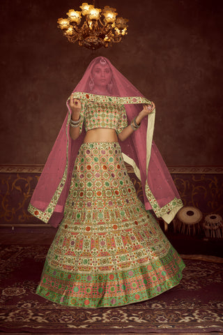 Beige Art Silk Floral Wedding Lehenga Choli With Pink Dupatta ClothsVilla