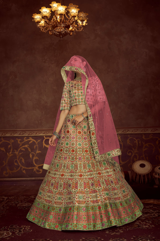 Beige Art Silk Floral Wedding Lehenga Choli With Pink Dupatta ClothsVilla