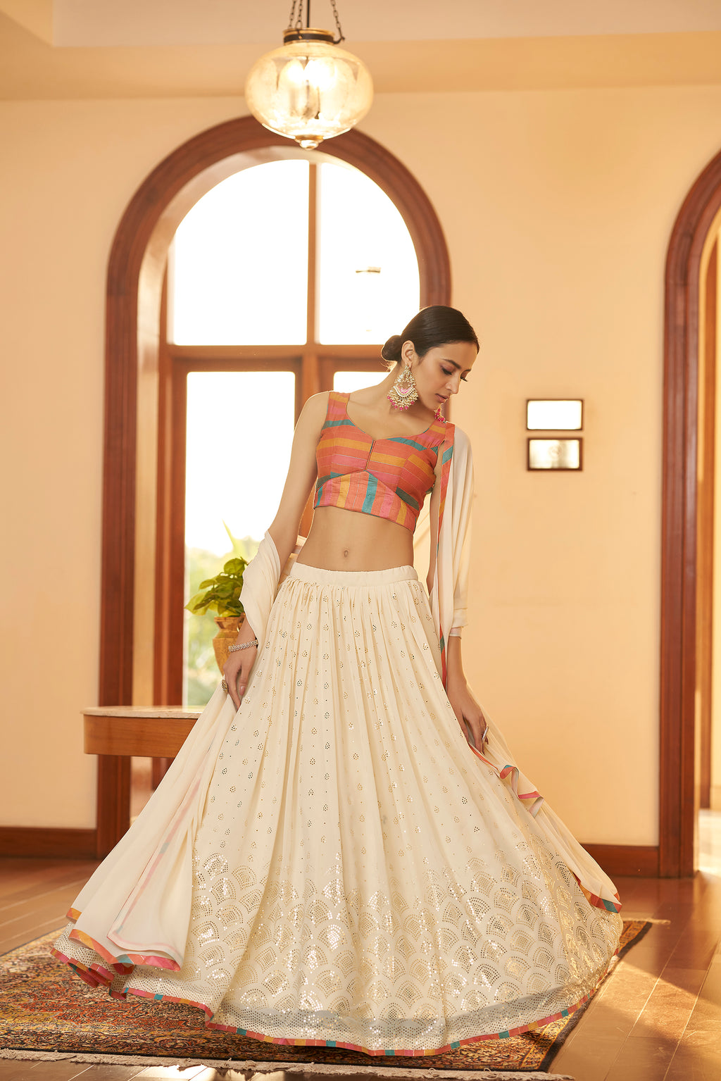 Beige Embellished Mukaish Work Georgette Semi Stitched Lehenga ClothsVilla