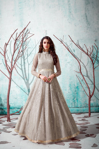 Beige Foil Work Net Party Wear Long Gown ClothsVilla