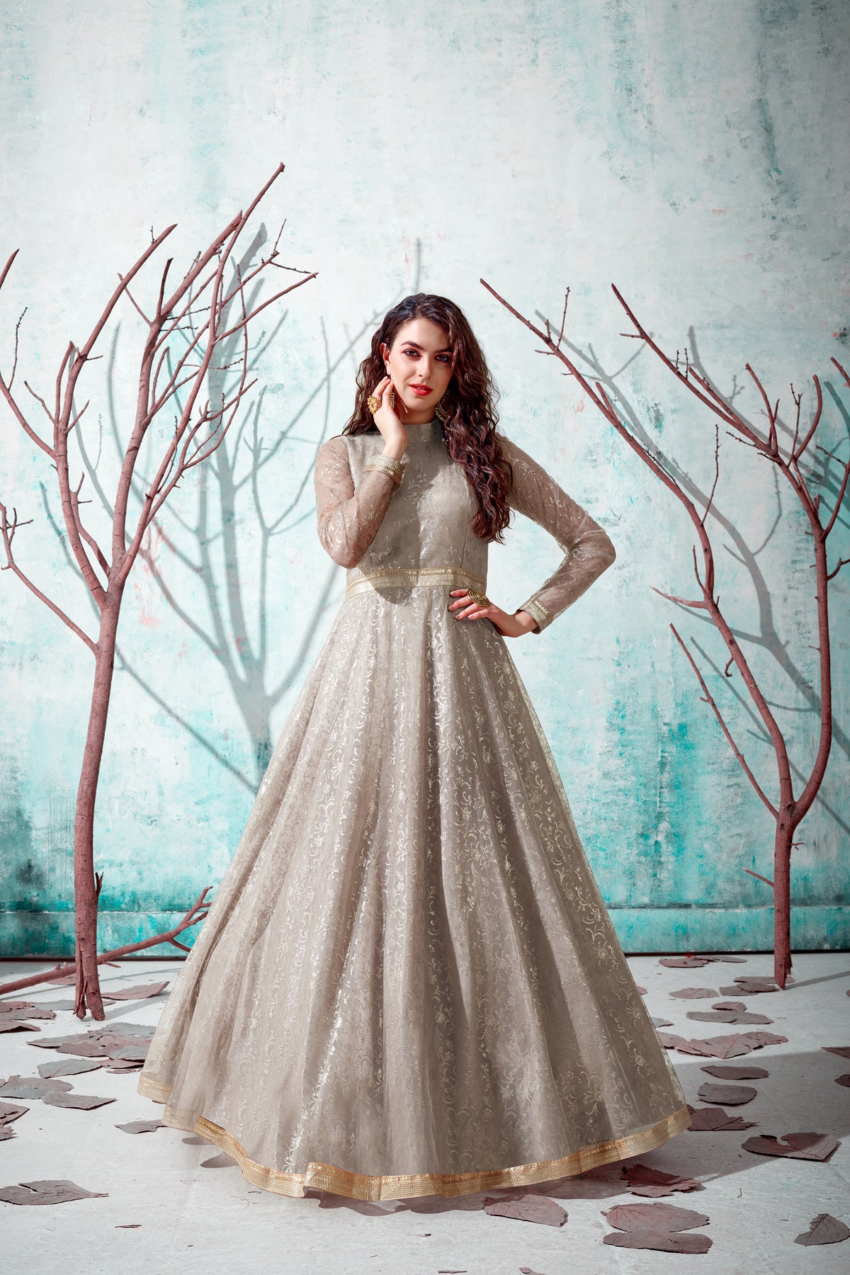 Beige Foil Work Net Party Wear Long Gown ClothsVilla