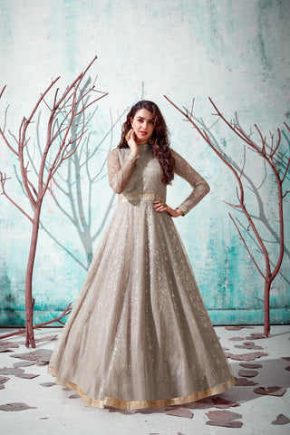 Beige Foil Work Net Party Wear Long Gown ClothsVilla