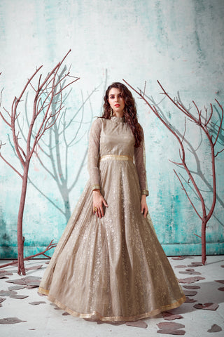 Beige Foil Work Net Party Wear Long Gown ClothsVilla