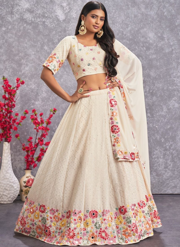 Beige Georgette Embroidered Lehenga Choli For Wedding ClothsVilla
