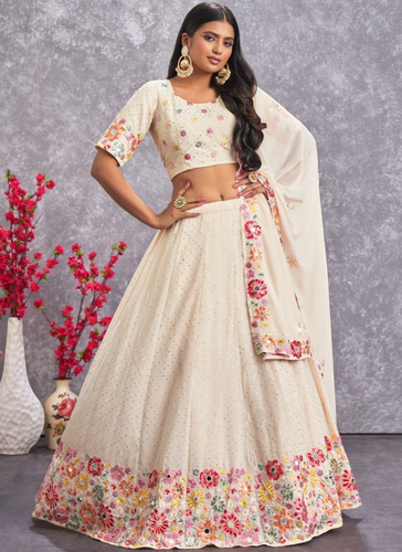 Beige Georgette Embroidered Lehenga Choli For Wedding ClothsVilla