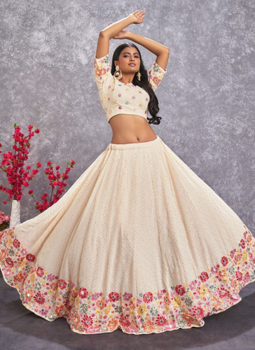 Beige Georgette Embroidered Lehenga Choli For Wedding ClothsVilla