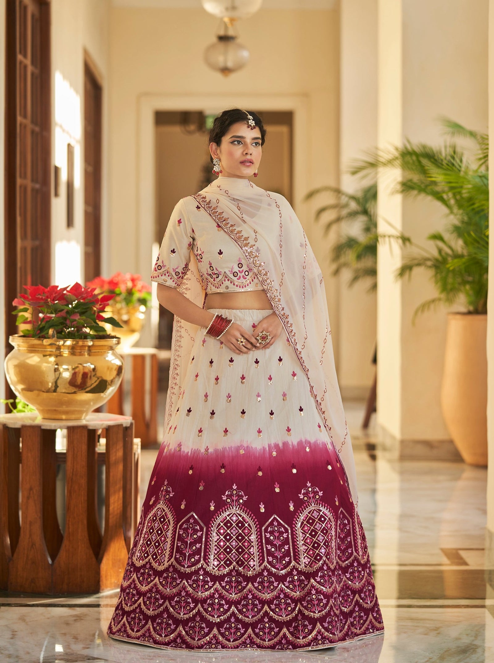 Beige Maroon Thread and Sequins Embroidered with Mirror Work Art Silk Festive & Party Wear Semi Stitched Lehenga ClothsVilla