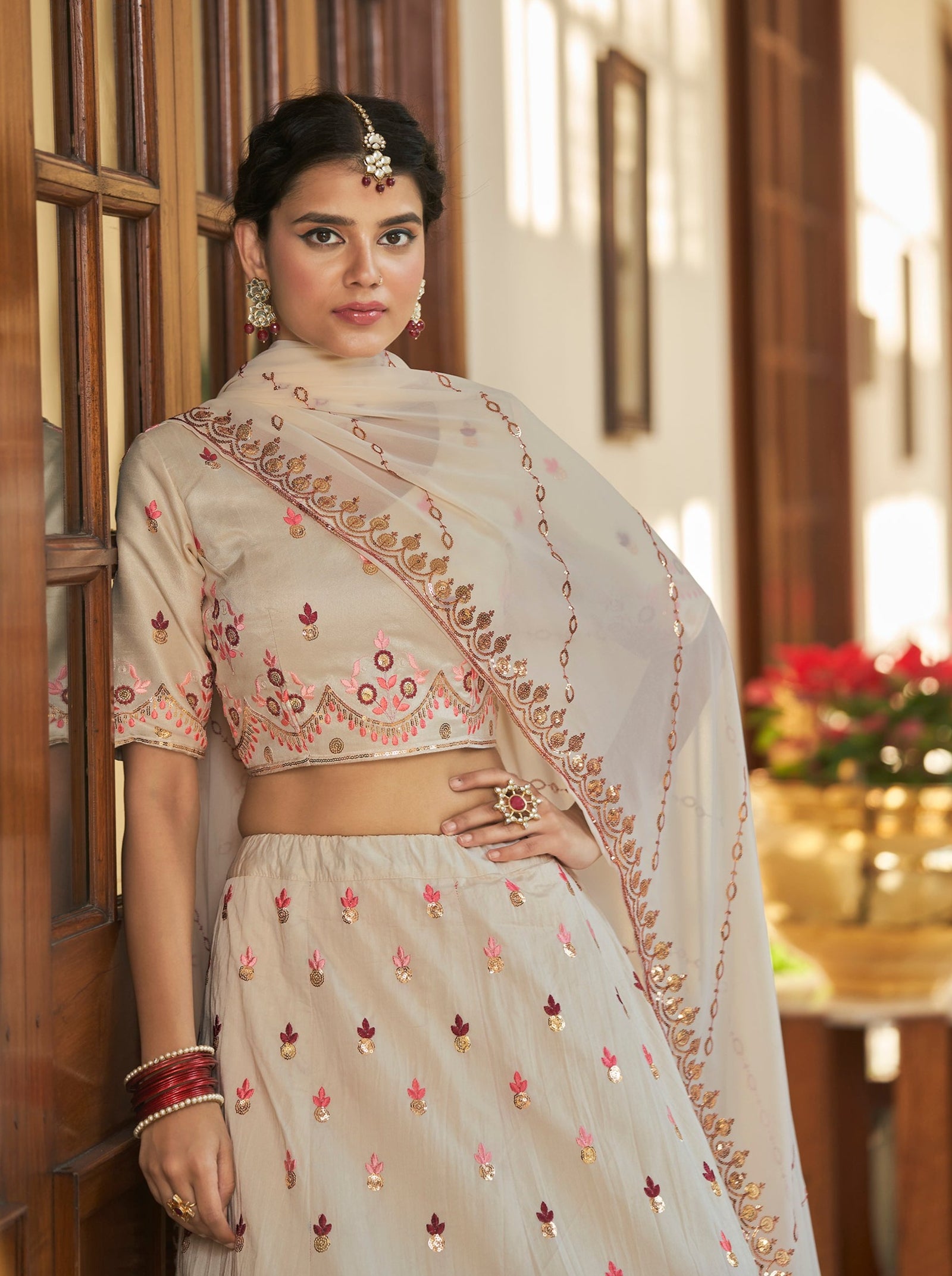 Beige Maroon Thread and Sequins Embroidered with Mirror Work Art Silk Festive & Party Wear Semi Stitched Lehenga ClothsVilla