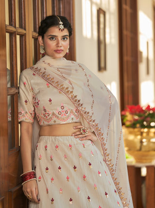 Beige Maroon Thread and Sequins Embroidered with Mirror Work Art Silk Festive & Party Wear Semi Stitched Lehenga ClothsVilla