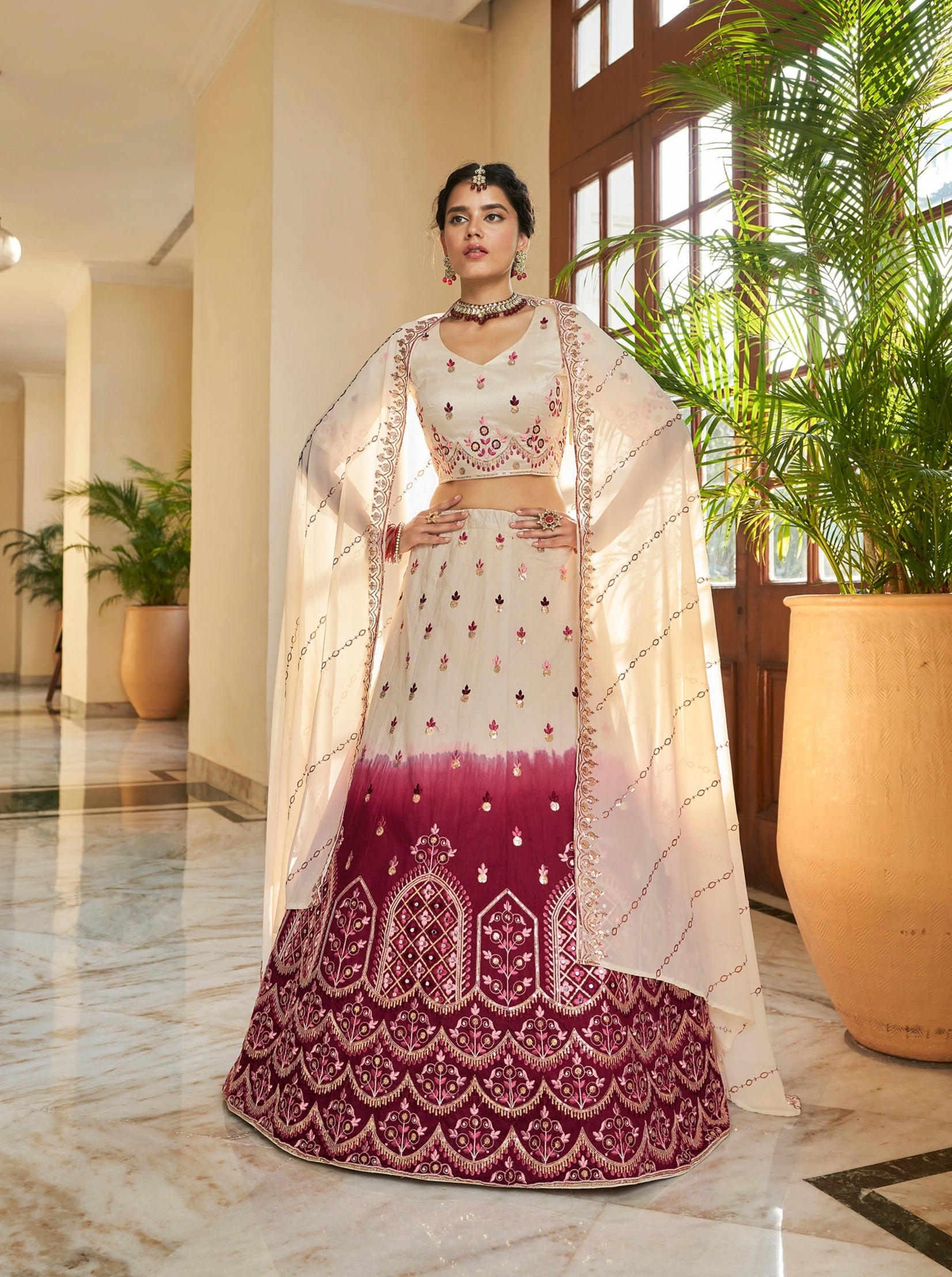 Beige Maroon Thread and Sequins Embroidered with Mirror Work Art Silk Festive & Party Wear Semi Stitched Lehenga ClothsVilla Main image