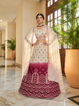 Load image into Gallery viewer, Beige Maroon Thread and Sequins Embroidered with Mirror Work Art Silk Festive &amp; Party Wear Semi Stitched Lehenga ClothsVilla