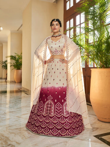 Beige Maroon Thread and Sequins Embroidered with Mirror Work Art Silk Festive & Party Wear Semi Stitched Lehenga ClothsVilla