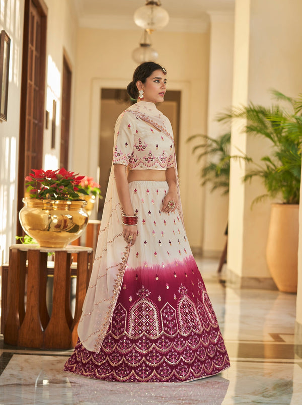 Beige Maroon Thread and Sequins Embroidered with Mirror Work Art Silk Festive & Party Wear Semi Stitched Lehenga ClothsVilla