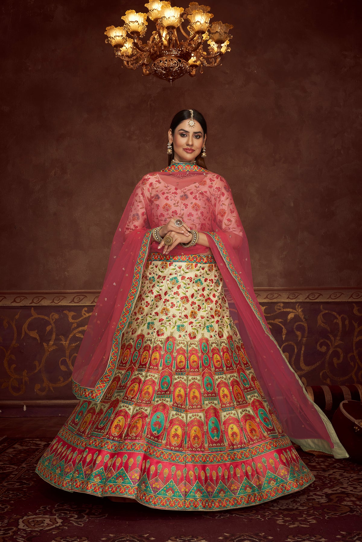 Beige Pink And Multicolored Embroiderey Work With Print Work Art Silk Wedding Festival Lehenga ClothsVilla Main image