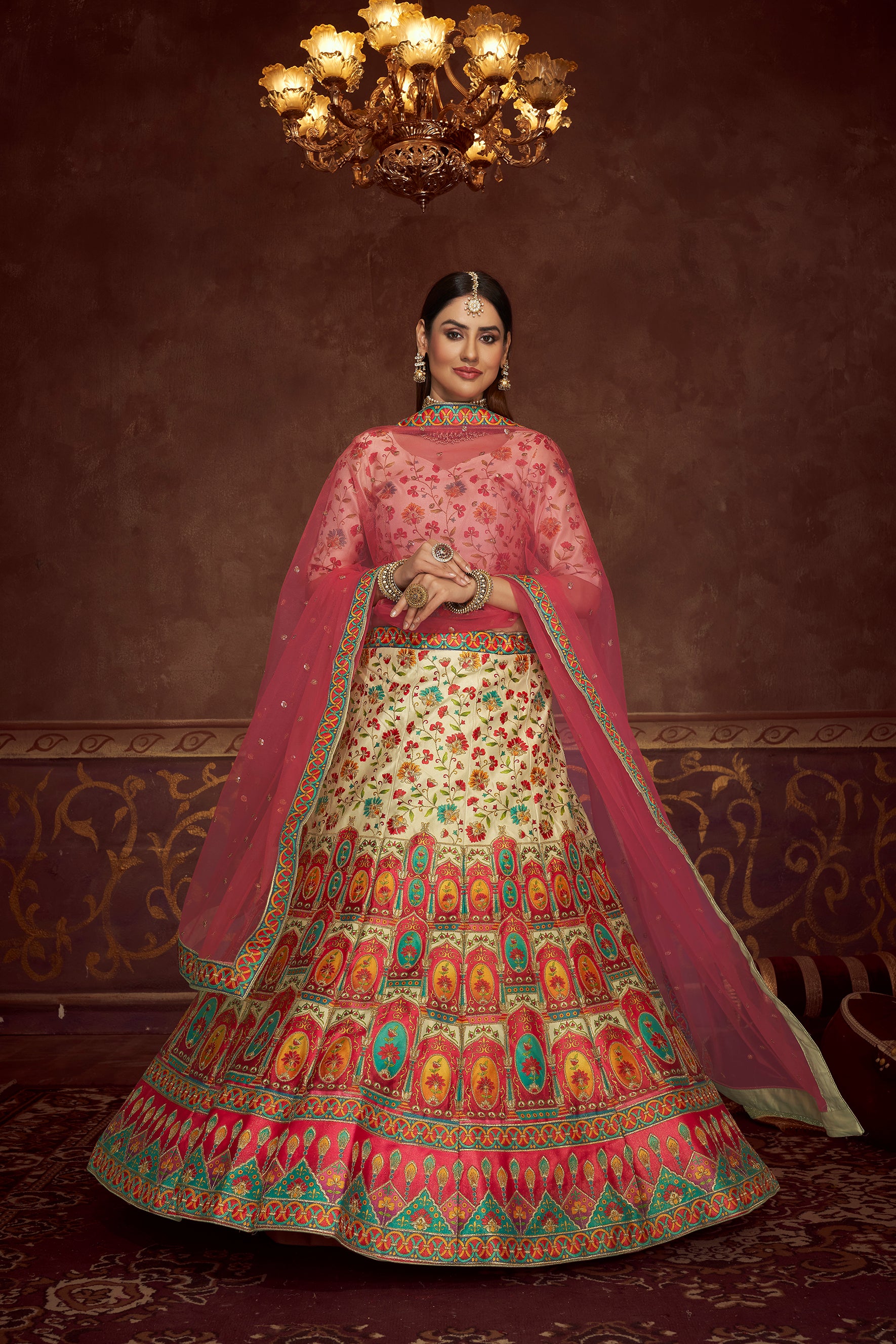 Beige Pink And Multicolored Embroiderey Work With Print Work Art Silk Wedding Festival Lehenga ClothsVilla Main image
