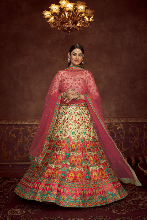 Beige Pink And Multicolored Embroiderey Work With Print Work Art Silk Wedding Festival Lehenga ClothsVilla Main image