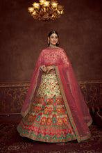 Load image into Gallery viewer, Beige Pink And Multicolored Embroiderey Work With Print Work Art Silk Wedding Festival Lehenga ClothsVilla