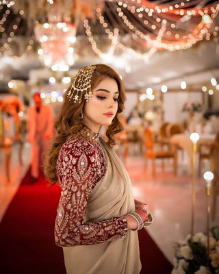 Beige Saree in Georgette With Heavy Embroidery And Maroon Blouse Clothsvilla