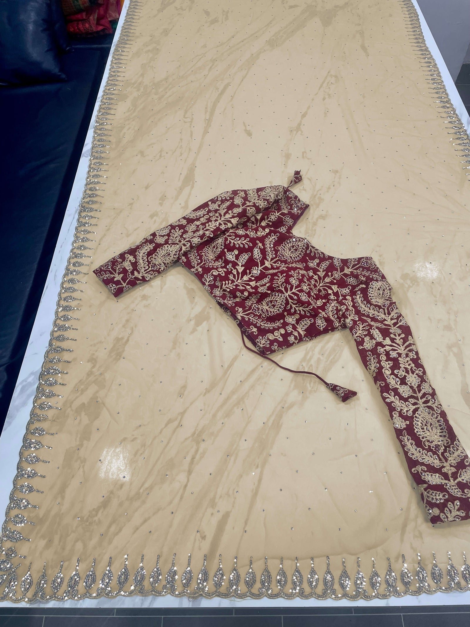 Beige Saree in Georgette With Heavy Embroidery And Maroon Blouse Clothsvilla