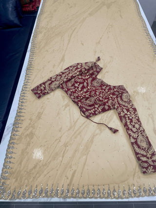 Beige Saree in Georgette With Heavy Embroidery And Maroon Blouse Clothsvilla