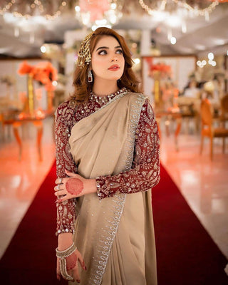 Beige Saree in Georgette With Heavy Embroidery And Maroon Blouse Clothsvilla
