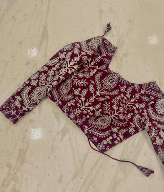 Beige Saree in Georgette With Heavy Embroidery And Maroon Blouse Clothsvilla