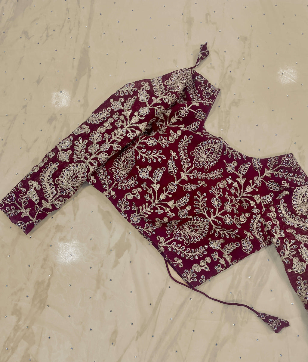Beige Saree in Georgette With Heavy Embroidery And Maroon Blouse Clothsvilla