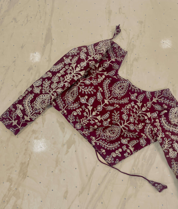 Beige Saree in Georgette With Heavy Embroidery And Maroon Blouse Clothsvilla