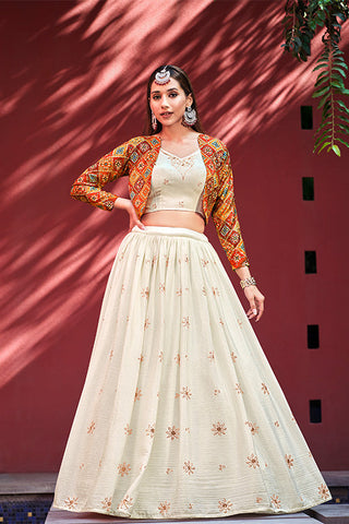 Beige Chiffon Sequence Embroidered Work Lehenga Choli with Jacket ClothsVilla.com
