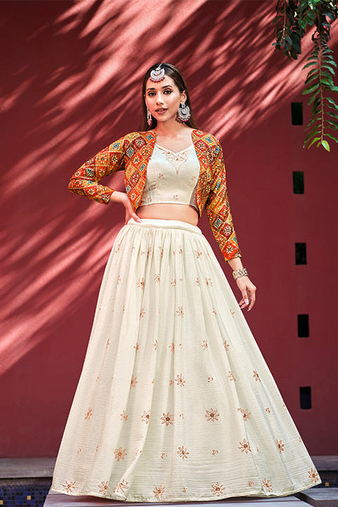 Beige Chiffon Sequence Embroidered Work Lehenga Choli with Jacket ClothsVilla.com Main image