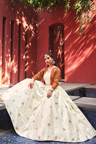 Beige Chiffon Sequence Embroidered Work Lehenga Choli with Jacket ClothsVilla.com