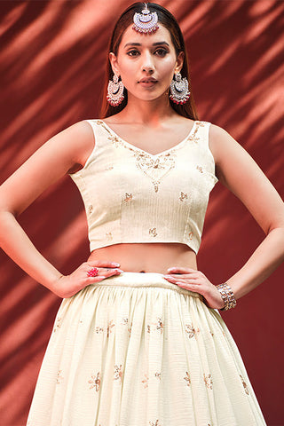 Beige Chiffon Sequence Embroidered Work Lehenga Choli with Jacket ClothsVilla.com