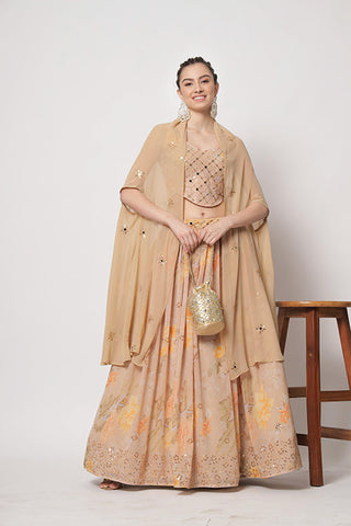 Beige Georgette Print With Sequins Embroidered Work Lehenga Choli ClothsVilla.com
