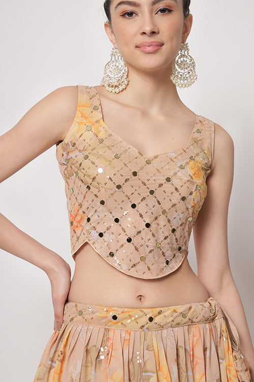 Beige Georgette Print With Sequins Embroidered Work Lehenga Choli ClothsVilla.com