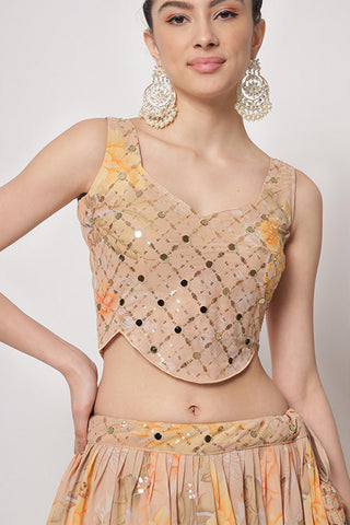 Beige Georgette Print With Sequins Embroidered Work Lehenga Choli ClothsVilla.com