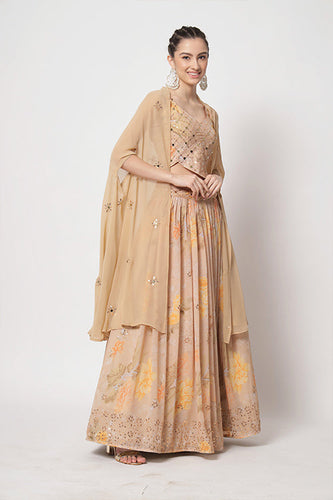 Beige Georgette Print With Sequins Embroidered Work Lehenga Choli ClothsVilla.com