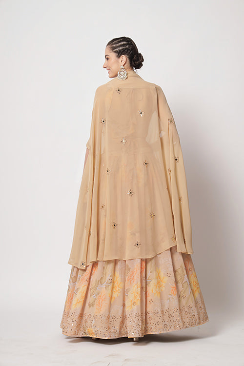 Beige Georgette Print With Sequins Embroidered Work Lehenga Choli ClothsVilla.com