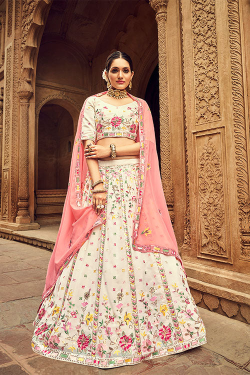 Beige Georgette Thread With Sequince Embroidered Lehenga Choli ClothsVilla.com