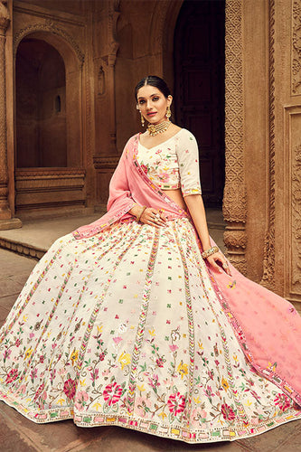 Beige Georgette Thread With Sequince Embroidered Lehenga Choli ClothsVilla.com