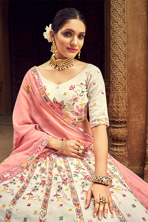 Beige Georgette Thread With Sequince Embroidered Lehenga Choli ClothsVilla.com