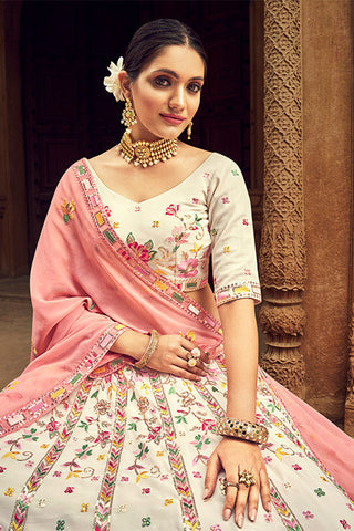 Beige Georgette Thread With Sequince Embroidered Lehenga Choli ClothsVilla.com