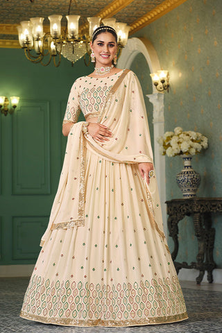 Beige Georgette Thread With Sequins Embroidered Lehenga Choli ClothsVilla.com