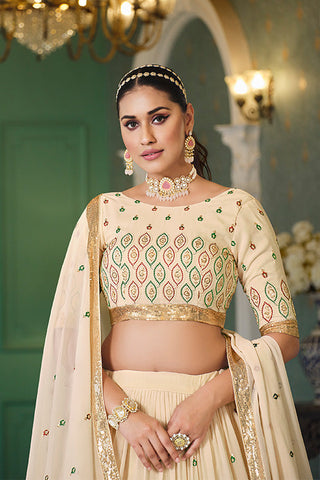 Beige Georgette Thread With Sequins Embroidered Lehenga Choli ClothsVilla.com