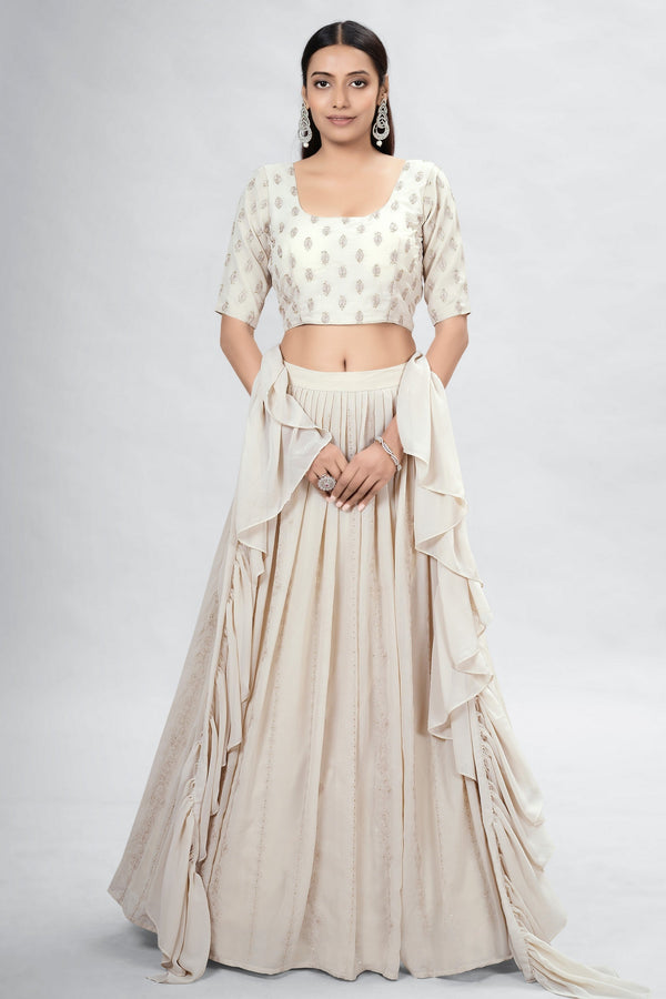 Beige Indian Georgette Lehenga Choli With Ruffle Dupatta For Indian Festival & Weddings - Sequence Embroidery Work, Clothsvilla
