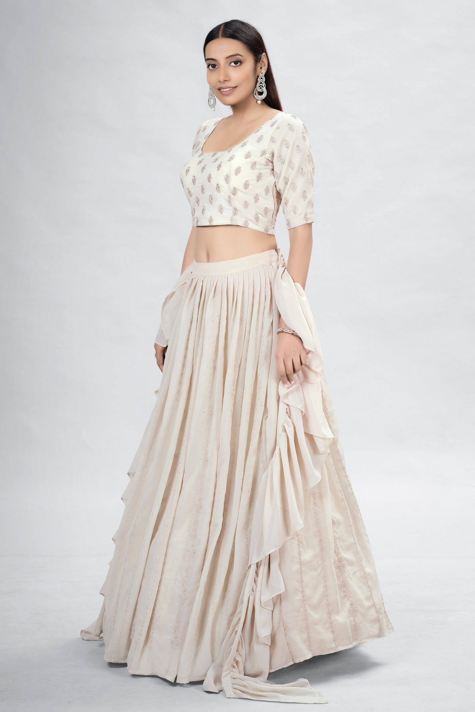 Beige Indian Georgette Lehenga Choli With Ruffle Dupatta For Indian Festival & Weddings - Sequence Embroidery Work, Clothsvilla